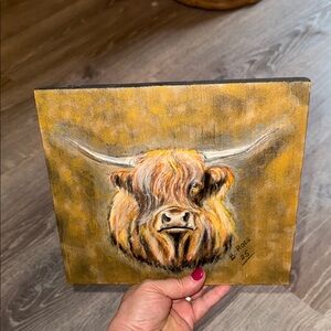 Highland Cow Artisan Signed Art on Wood -9.25 inches by 8.20 inches